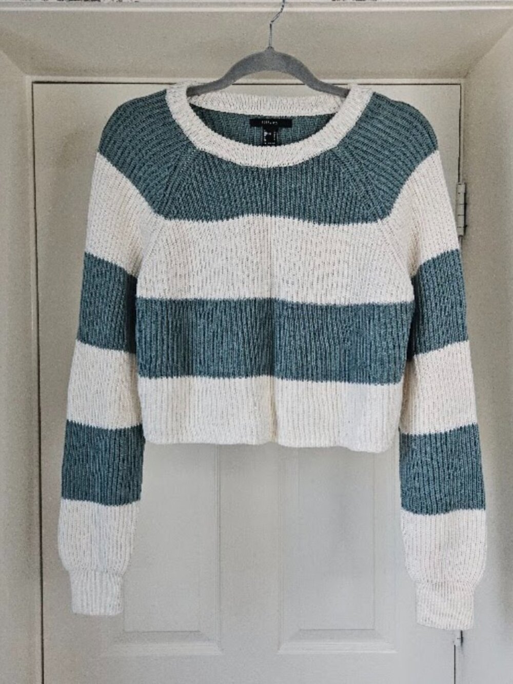 Forever 21 boxy stripe colorblock white knit teal turquoise sweater pullover top